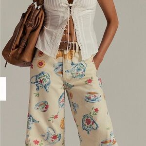 Free People Cream Wide Leg Pants with Teapot Print